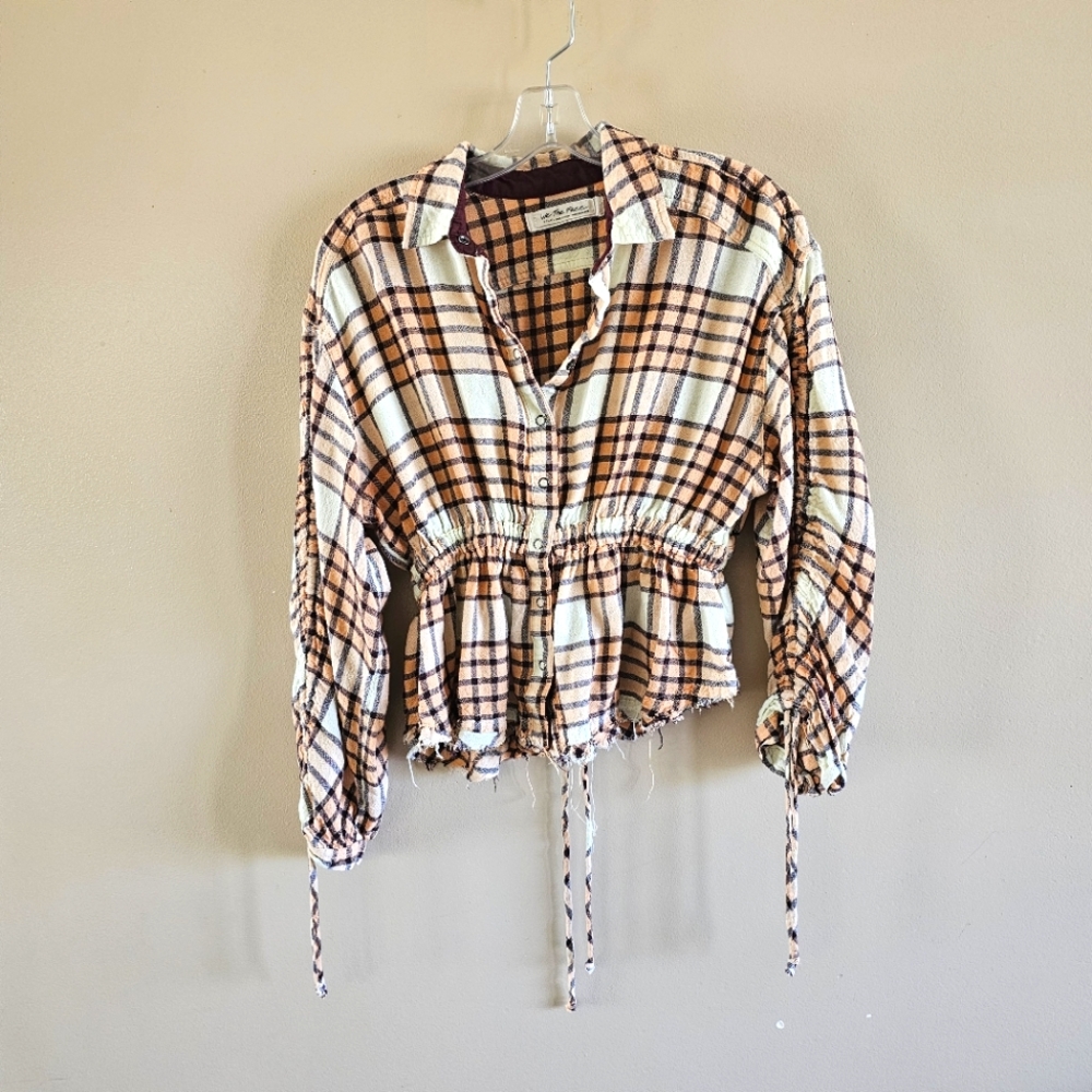 FREE PEOPLE PACIFIC DAWN PEACH TREE COMBO PLAID SHIRT SIZE XS
